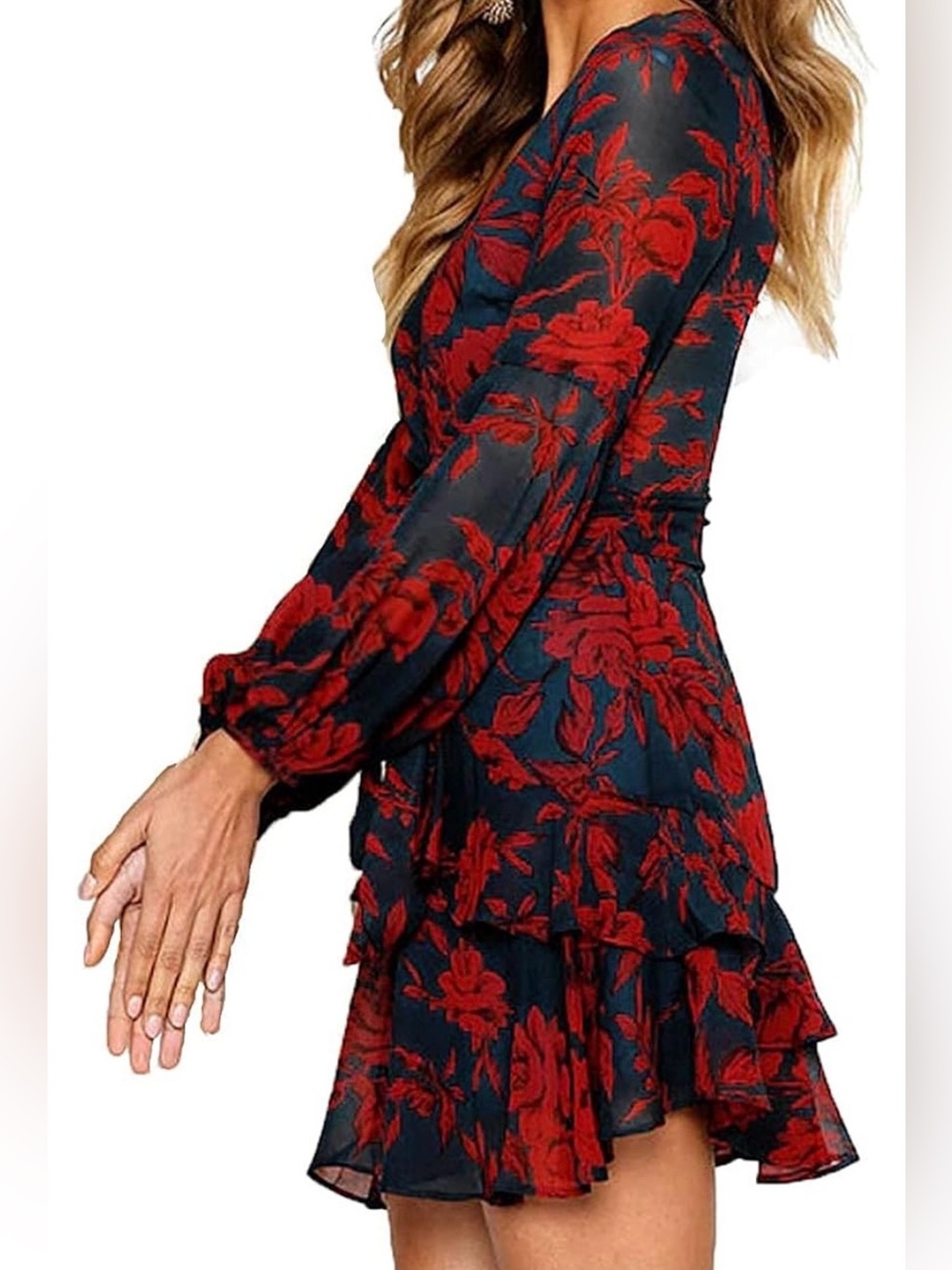 NWT - Black Dress with Bright Pinkish Red Floral Print and Waist Tie - Picture 8 of 8